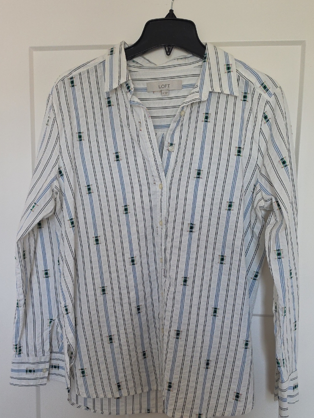 LOFT White Button-Down Shirt with Blue Stripes and Green Embroidery